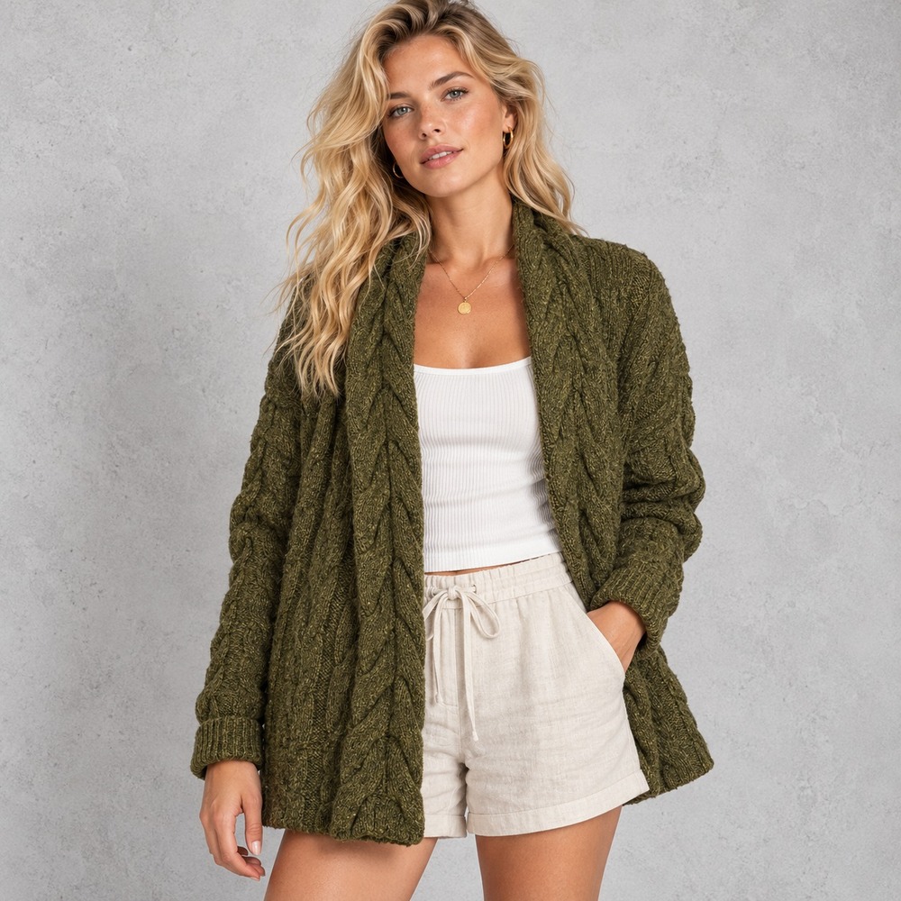 Lauren Ralph Lauren Shawl Collar Cable Knit Women Cardigan Olive Lambswool S